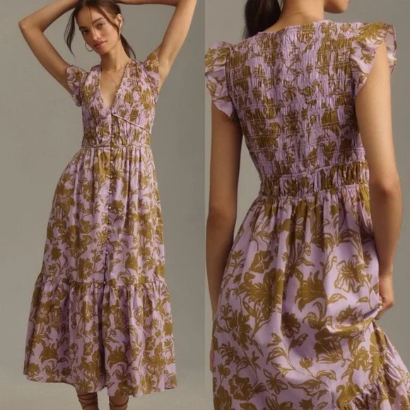 ANTHROPOLOGIE The Peregrine Midi Dress Lilac & Olive Green Floral 1X - Picture 3 of 8